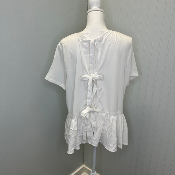 Hinge White Short Sleeve Ruffle Hem Peplum Back Tie Blouse S:X1 - Picture 3 of 6